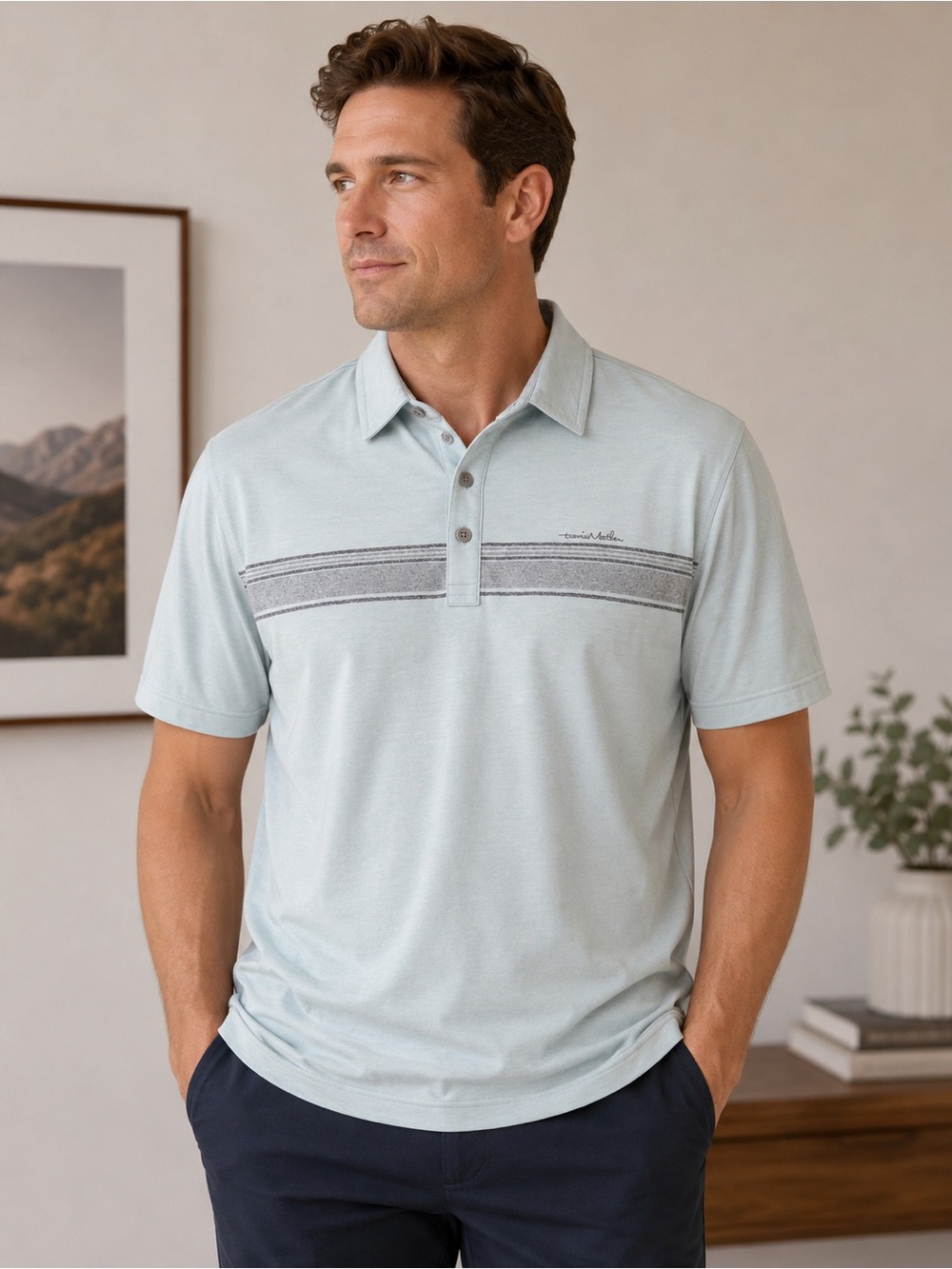 TravisMathew Men’s Performance Polo Shirt – Light Blue Striped Polo